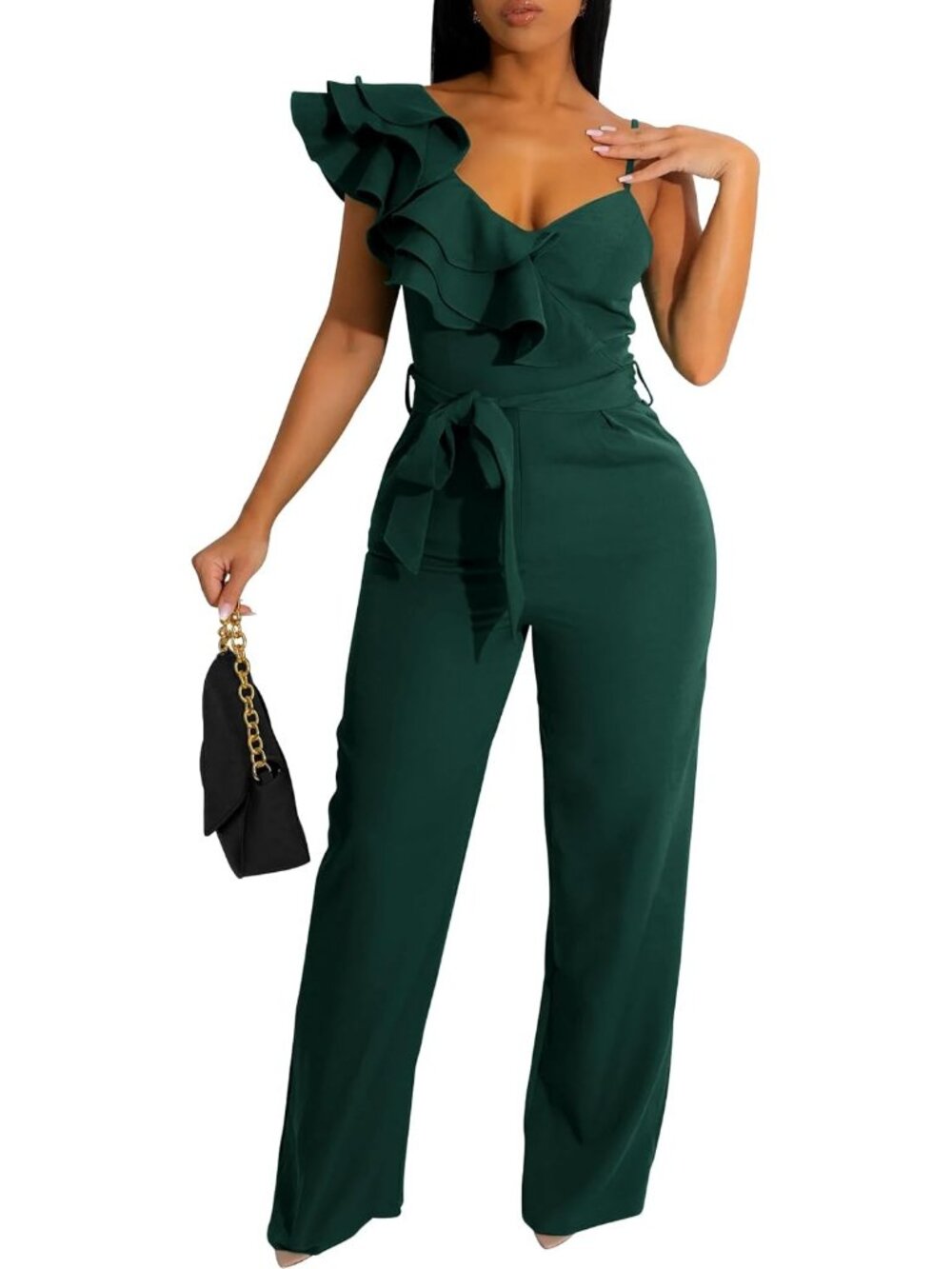 👗 Women's Green Ruffle One Shoulder Wide Leg Belted Romper Jumpsuits V-Neck